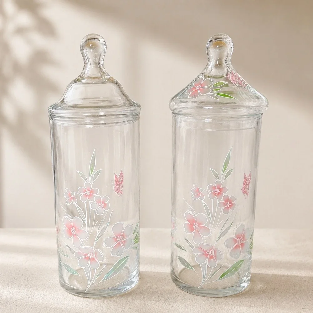 Vtg Crystal Clear Industries Glass Apothecary Jars Set 2 Hand Painted Floral 11